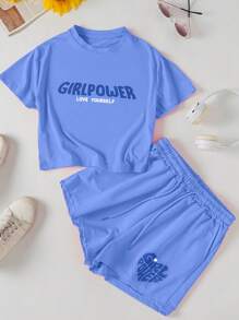 INAWLY Letter Graphic Tee & Drawstring Waist Shorts - Blue - View 3