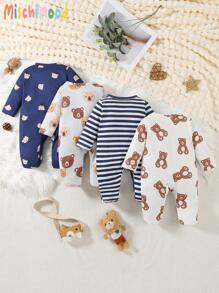4pcs Set Newborn Simple Cute Bear Print Long Sleeve Footed Romper Pajamas - Royal Blue - View 2