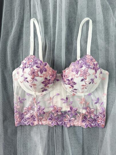 Myrelith Women's Floral Embroidered Sheer Bra Top Purple Lace Bralette With Delicate Floral Design, Perfect For Everyday Wear, Lingerie Bra