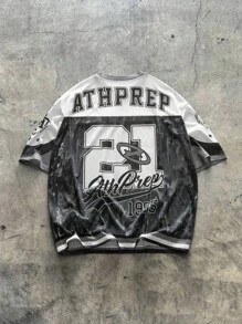 AXEPEAK 男士撞色字母印花 V 领休闲短袖 T 恤，夏季，校园，街头服饰