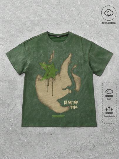 ROMWE MEN Street Life Men's Portrait And Snowflake Print Short Sleeve T-Shirt, Suitable For Everyday Wear In Spring/Summer