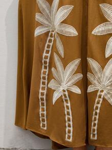 SHEIN Privé Vestido ajustado y evasé con un solo pecho, sin mangas, de punto de bambú marrón con detalles bordados de palmeras y fruncido en la cintura, estilo playa - Multicolor - Ver 5