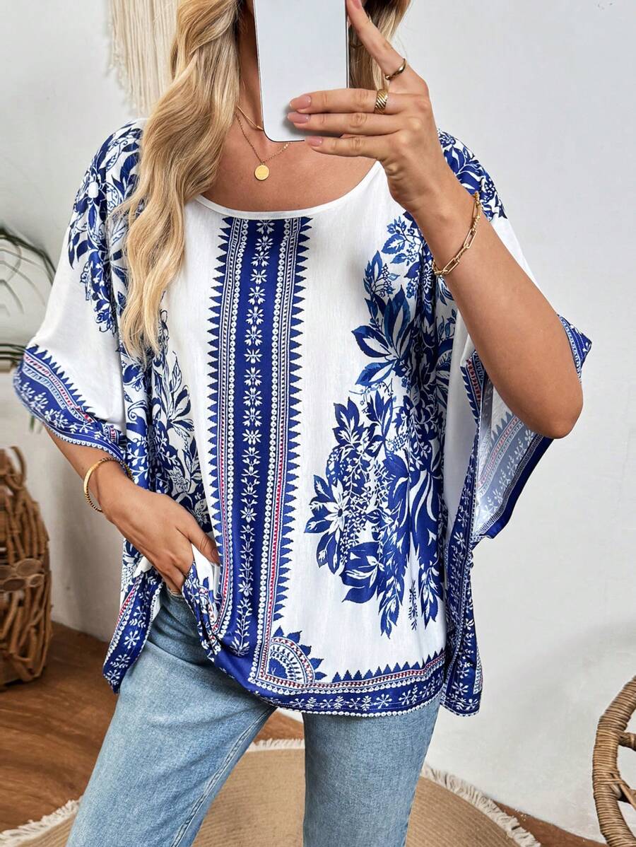 SHEIN LUNE Women Summer Knit Loose Printed Batwing Sleeve Scoop Neck Split Casual T-Shirt - Multicolor - View 1