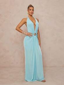 Lumalex 金属节日度假优雅深 V 领弹力漂亮女士沙滩裙 - 淺藍色 - 查看 6