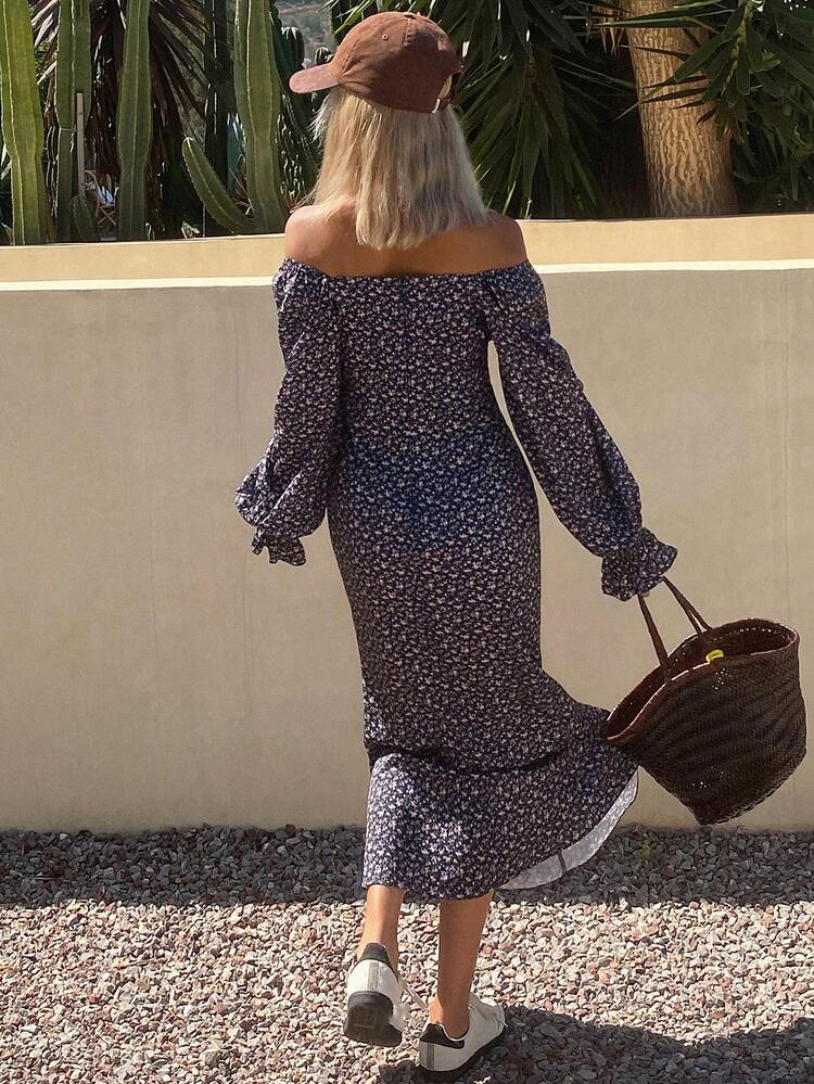 Women's Floral Print Off Shoulder Elegant Long Sleeve Mid-Length Dress Maxi Dress Boho