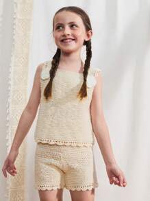 SHEIN 2件套少女无袖缀饰上衣和短裤两件套针织套装 - 米色 - 查看 1