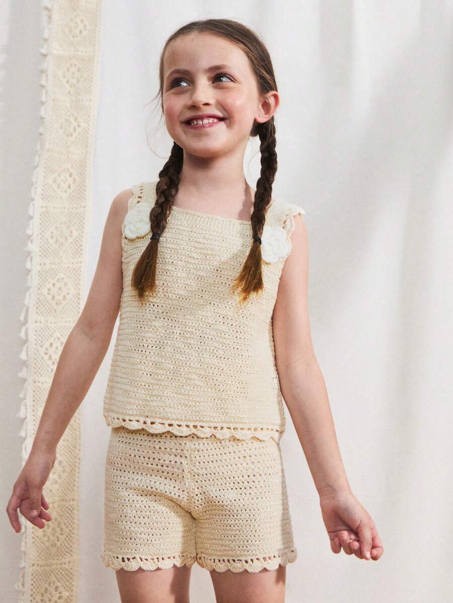 SHEIN 2件套少女无袖缀饰上衣和短裤两件套针织套装 - 米色 - 查看 1