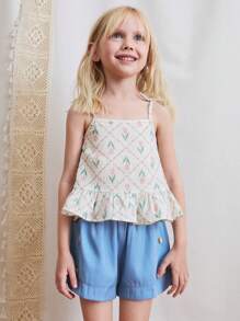 SHEIN Young Girl Summer Denim Shorts With Wood Buttons - Blue - View 2