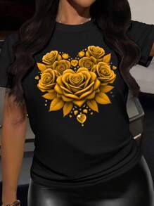 INAWLY Women's Red Rose Print Fitted T-Shirt, Summer