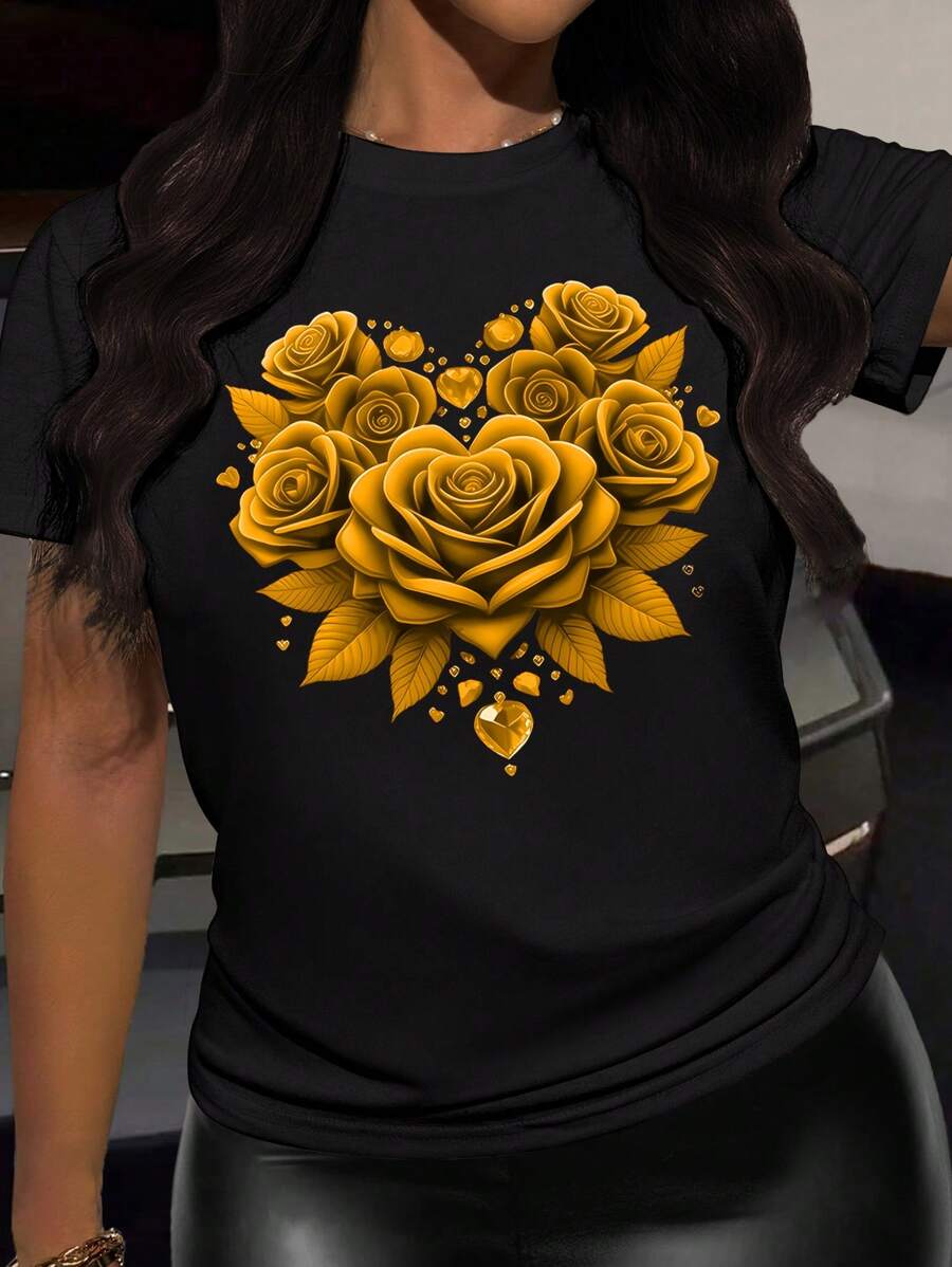 INAWLY Women's Red Rose Print Fitted T-Shirt, Summer