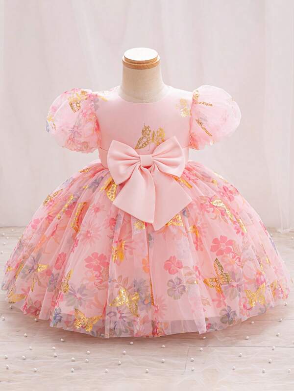 女婴夏季优雅蝴蝶图案欧根纱短袖派对连衣裙