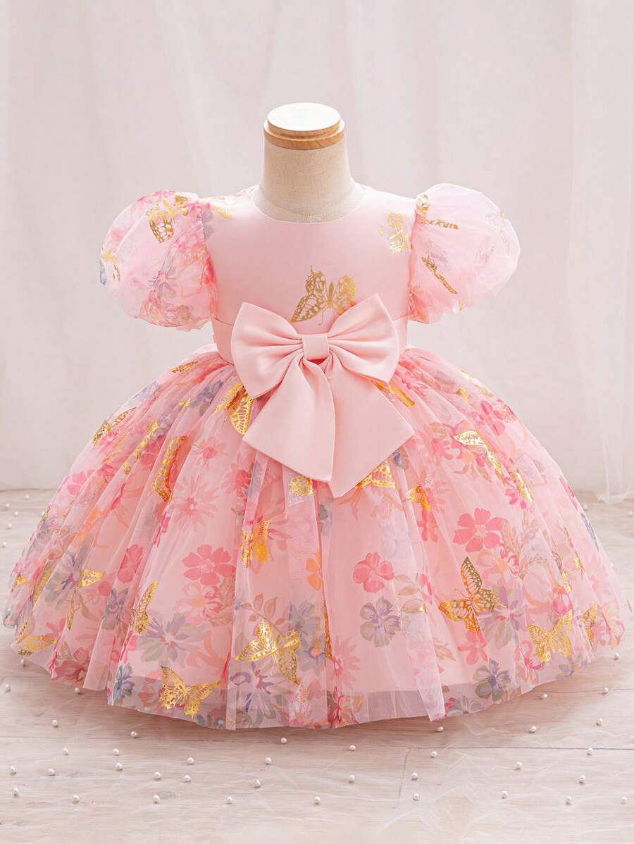 女婴夏季优雅蝴蝶图案欧根纱短袖派对连衣裙 - 粉色 - 查看 1