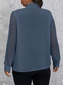 SHEIN Privé Blusa elegante de manga transparente con lazo de mujer talla grande de unicolor - Azul Marino - Ver 4