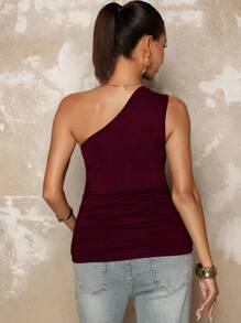 MaterniChic Maternity Solid Color Pleated Asymmetrical Shoulder Cami - Red Violet - View 2