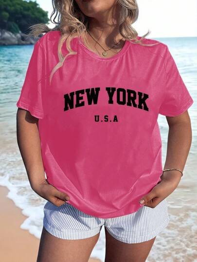 Veykashi USA NEW YORK Minimalist English Text Graphic Round Neck Short Sleeve Slim Fit Plus Size Women T-Shirt, Suitable For Summer Suitable For Going Out