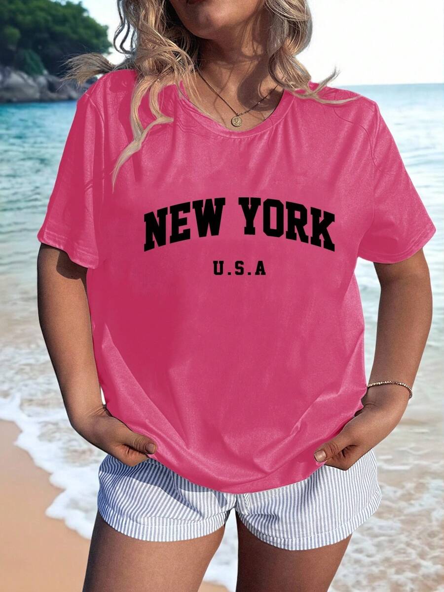 Veykashi USA NEW YORK Minimalist English Text Graphic Round Neck Short Sleeve Slim Fit Plus Size Women T-Shirt, Suitable For Summer Suitable For Going Out - Hot Pink - View 1