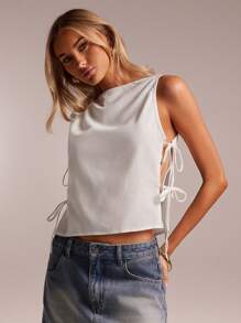 SHEIN Forever 21 女士纯色无袖衬衫，带蝴蝶结装饰，适合夏季 - 白色 - 查看 5