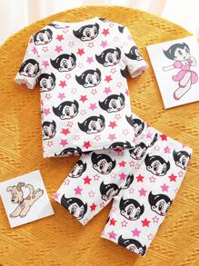 Astro Boy X SHEIN Young Girl Cartoon Star Print White Cute Casual Comfortable Short Sleeve T-Shirt And Shorts Pajama Set - Multicolor - View 3