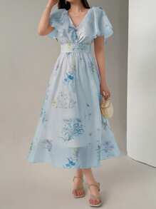 DAZY Đầm maxi dài thanh lịch họa tiết hoa nhí mùa hè mới dành cho nữ, thích hợp cho lễ Phục sinh. - Màu xanh lam - Xem 3