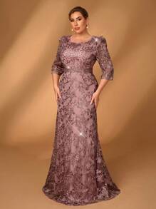 Serin 大码优雅浪漫串珠水晶缀饰蕾丝中袖鱼尾礼服，适合舞会、婚礼、晚会、新娘母亲礼服