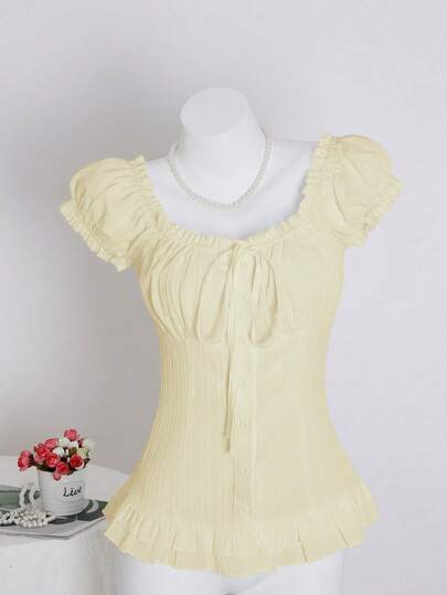 SHEIN Unity Women's Solid Color Cinching Waist Ruffle Trim Short Sleeve Blouse, Summer