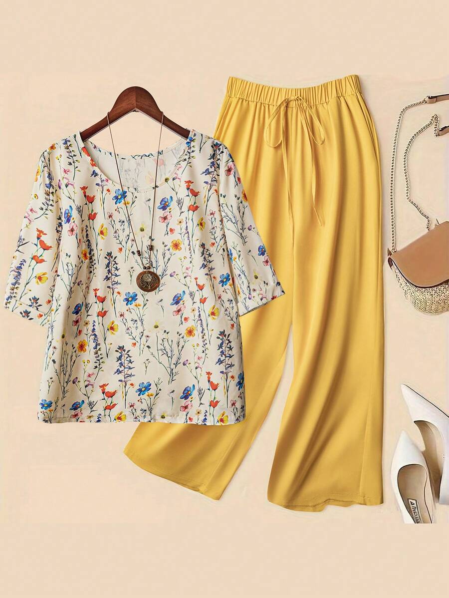 Linhara EMERY ROSE 2 件大码女式花卉印花休闲衬衫和纯色高腰抽绳阔腿裤套装