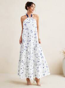 VALERIA GALIPOLI Vestito lungo a-line estivo in stile boho, senza maniche, con scollo ad altalena, con schienale aperto e stampa, adatto per spiaggia