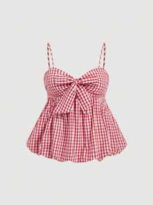 SHEIN MOD Top de tirantes de cuadros rojos y blancos talla grande, top de verano para vacaciones - Rojo y blanco - Ver 1