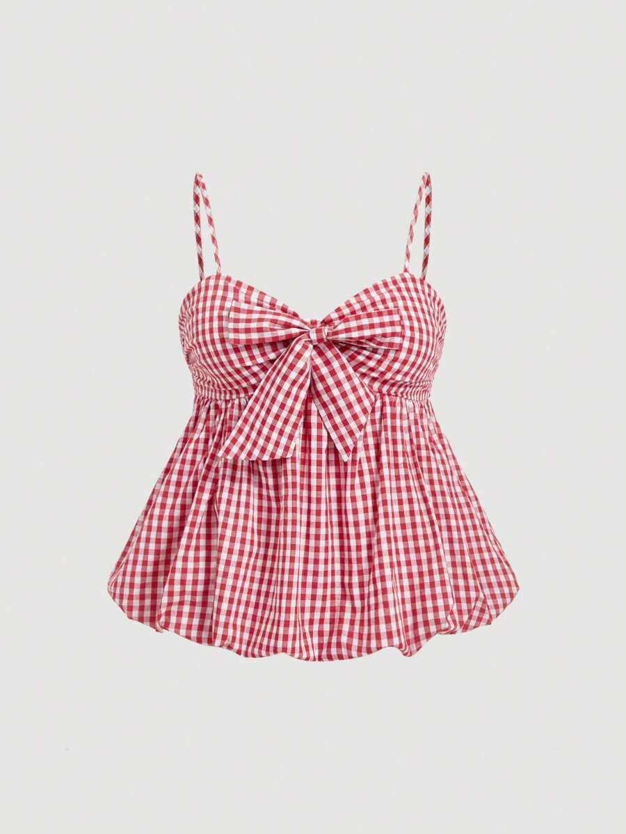 SHEIN MOD Top de tirantes de cuadros rojos y blancos talla grande, top de verano para vacaciones - Rojo y blanco - Ver 1