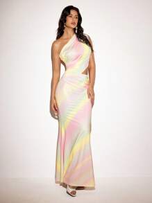 VIOLA AND VESPER Gradient Pastel Rainbow Printed Stretchy One-Shoulder Ruched Cutous Flared Maxi Dress Elegant - Baby Pink - View 4