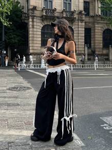 Coolane 女式夏季可爱 Y2K 派对蕾丝蝴蝶结中腰直筒黑色裤子 - 黑色 - 查看 2