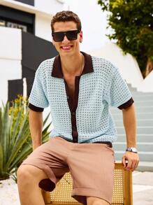 Manfinity Homme Men's Contrast Color Trimmed Front Button Casual Short Sleeve Knitted Top - Blue - View 3