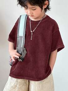 SHEIN 1 Piece Young Boy Casual Sports Academy Japanese And Korean Loose Fit Water-Washed Soft Comfortable Round Neck T-Shirt Suitable For Kids Young Boy Back To School Suitable For Birthday Parties, Parties, Performances, Weddings, Baptisms, Back To School Daily Suitable For School Suitable For Travel Suitable For Sports Suitable For Spring And Summer - Burgundy - View 2