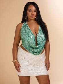 SHEIN BAE Plus Size Women Mint Green Sequin Backless Tie Strap V-Neck Tops,70's Night Out Club Party Summer,Vacation,Music Festival,Brunch,Graduation,Beach,Y2k - Green - View 5