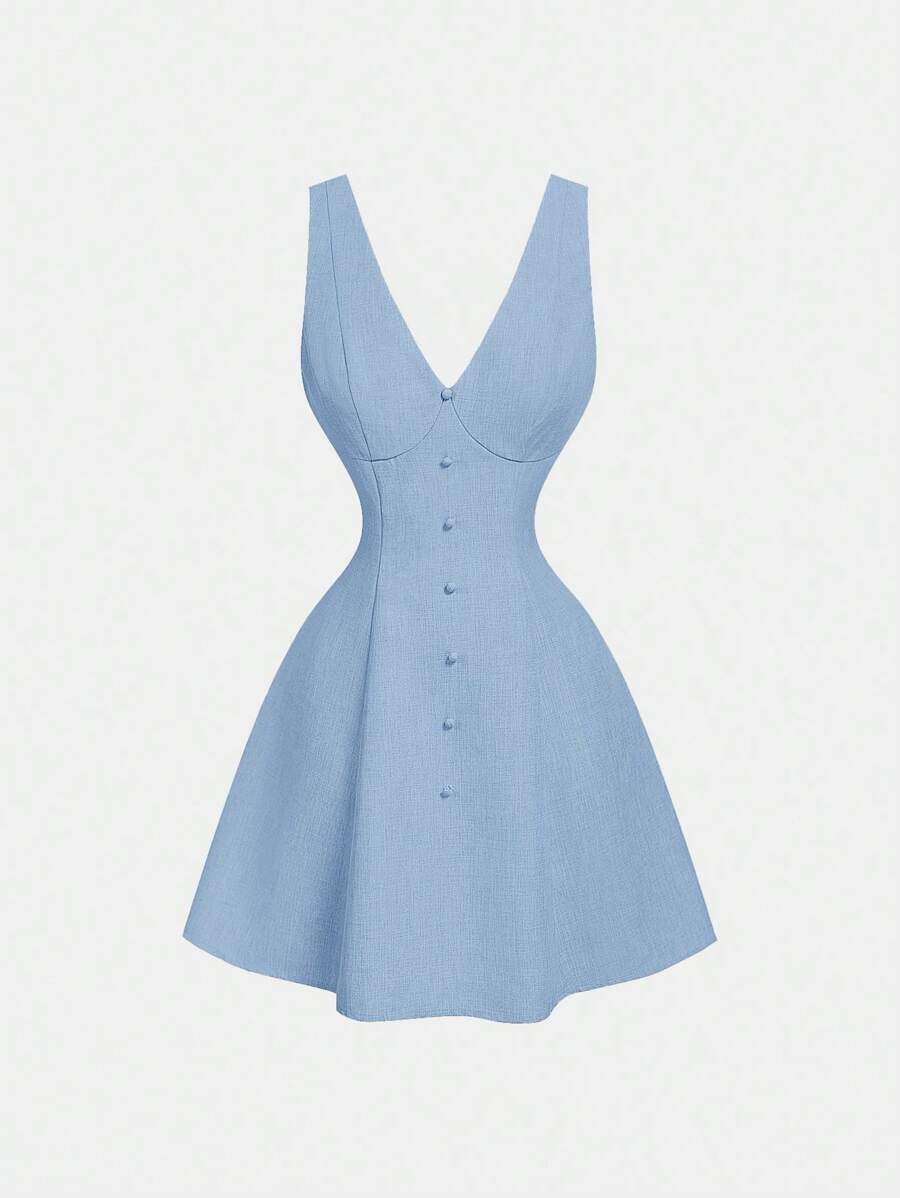 SHEIN MOD Women Linen Color Sleeveless Waist Cinched Dress - Blue - View 1
