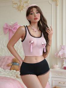 SHEIN 4件套女士撞色荷叶边拼接亮片透视性感内衣套装 - 彩色 - 查看 3