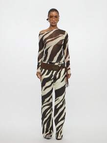 SUMWON WOMEN 透明网眼露肩长袖动物印花时尚上衣波西米亚风节日风格舞蹈俱乐部派对魅力个性单品 Y2K 风格 - 黑與白 - 查看 3