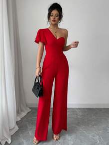 Rafferiza French Style Ruffle Trim Cinched Waist High-Rise Wide Leg Women Jumpsuit - Red - View 3