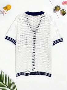 Surfspeed Men's Fashionable Designer Style Color Block Embroidered Knitted Cardigan Sweater - White - View 2