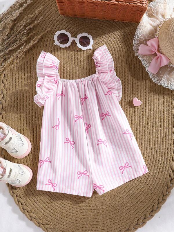 Süßer rosa und weiß gestreifter Baby-Mädchen-Romper mit Schleife und Rüschen, Sommer