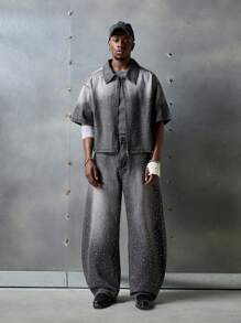 NEON BLANC Jeans anchos de color gris con lavado de sal y decoración de strass, una prenda esencial de la moda callejera para hombres - Gris - Ver 5