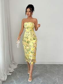 Rafferiza Váy midi bandeau thêu màu vàng thanh lịch cho nữ, mùa hè - Màu vàng - Xem 5