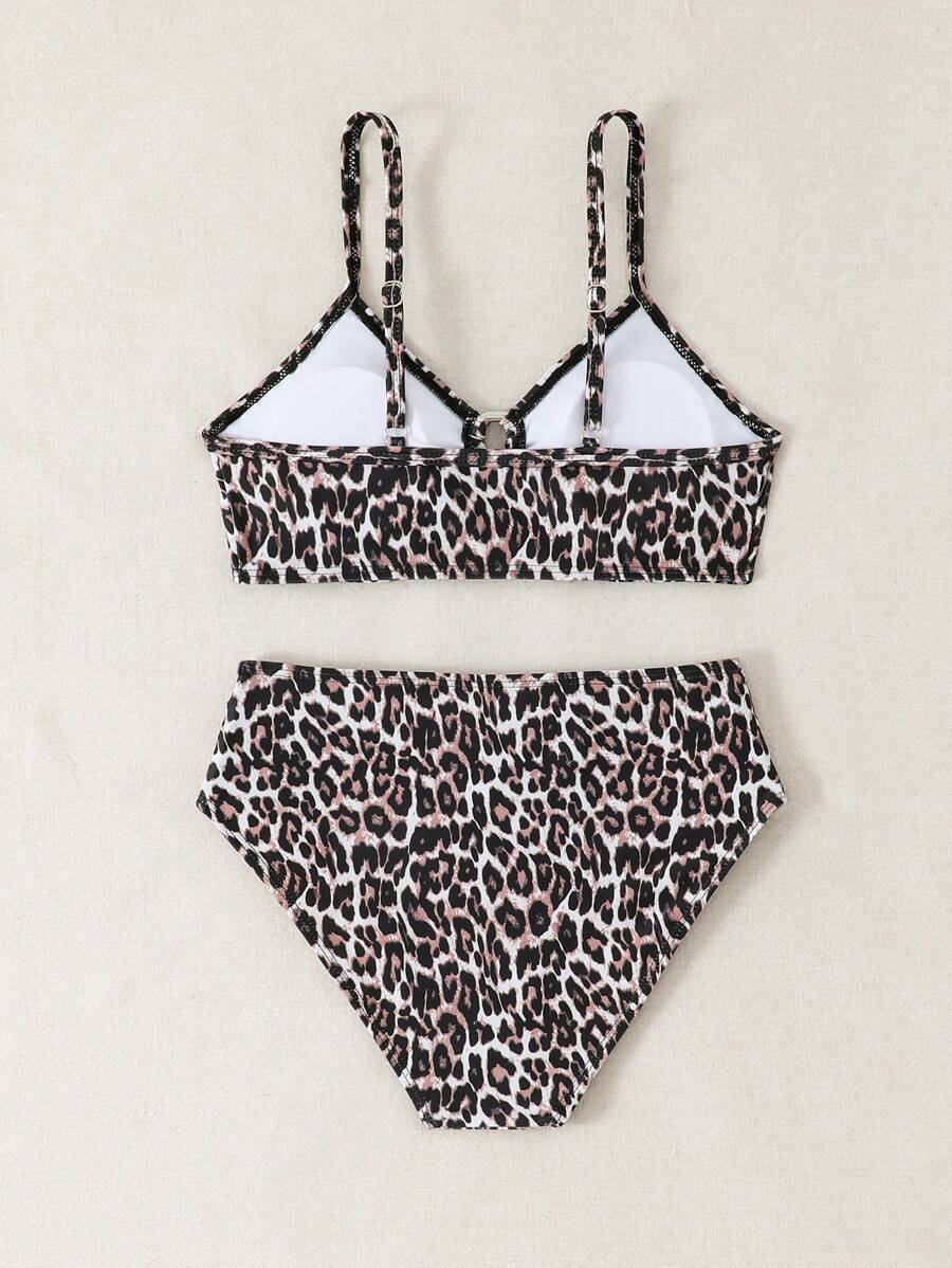 Tween Girl Leopard Print Bikini Swimwear Set, Vacation Beach - Pink - View 1