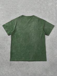 ROMWE MEN Street Life Men's Portrait And Acid-Washed Short Sleeve T-Shirt, Suitable For Everyday Wear In Spring/Summer - Green - View 2