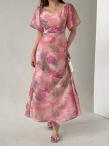 DAZY 女士中长款印花无袖连衣裙，优雅迷人的夏季设计，适合返校季、度假穿着，女士碎花长裙 - 粉色 - 查看 3