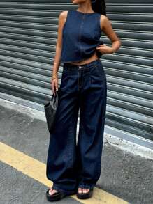 SHEIN Set di pantaloni e gilet smanicato, in denim ampio con tasche, casual e versatile, colore unito, collo rotondo, per ragazze; Pantaloncini corti da spiaggia, boho per vacanze estive; Outfit casual per concerti, festival e raduni estivi; Abbigliamento estivo per brunch, chiesa, laurea per ragazze