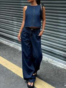 SHEIN Set di pantaloni e gilet smanicato, in denim ampio con tasche, casual e versatile, colore unito, collo rotondo, per ragazze; Pantaloncini corti da spiaggia, boho per vacanze estive; Outfit casual per concerti, festival e raduni estivi; Abbigliamento estivo per brunch, chiesa, laurea per ragazze