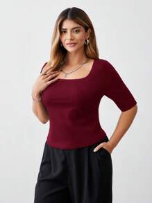 SHEIN BASICS 3pcs/Pack Casual Solid Color Knitted Square Neck Short Sleeve Form-Fitting Plus Size T-Shirt  Summer Tops - Multicolor - View 5