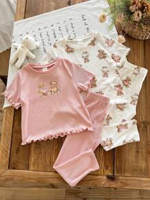SHEIN Leap Crew 4pcs Young Girl Cute Cartoon Bear Pattern Round Neck Short Sleeve Top And Long Pants Ribbed Knit Soft Lounge Pajama Set - Multicolor - View 6