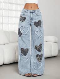 Jeans casuales de talle bajo para mujer, nuevos pantalones rectos y sueltos con bordado y estampado de corazón de moda de nicho, para todas las estaciones